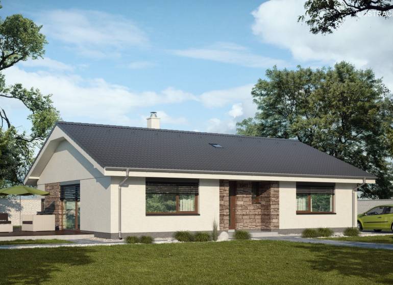 Ein Einfamilienhaus mit Terrasse in Nové Zámky, eine von Bäumen umgebene Straße, ein grünes Auto.