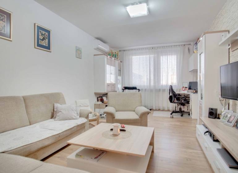 Wohnzimmer mit Sofa und Fernseher in einer 3-Zimmer-Wohnung, Boden mit Holzdekor.