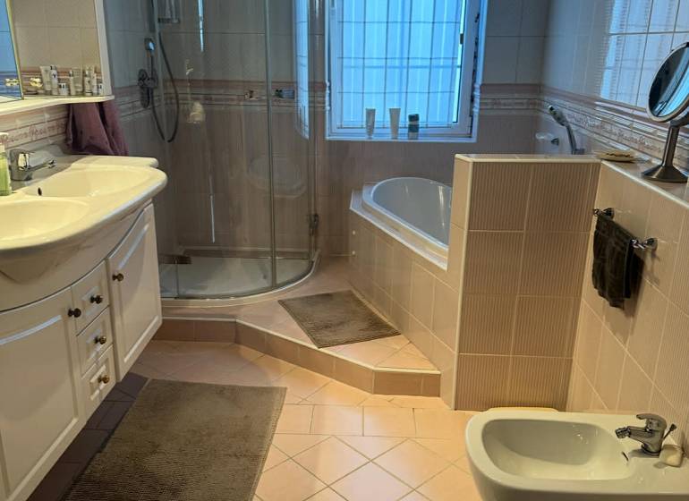 Badezimmer in einem Einfamilienhaus mit Badewanne, Dusche, Waschbecken und Bidet.
