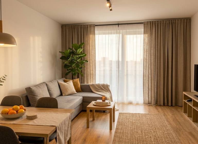 Wohnzimmer in einer 2-Zimmer-Wohnung mit Holzboden.