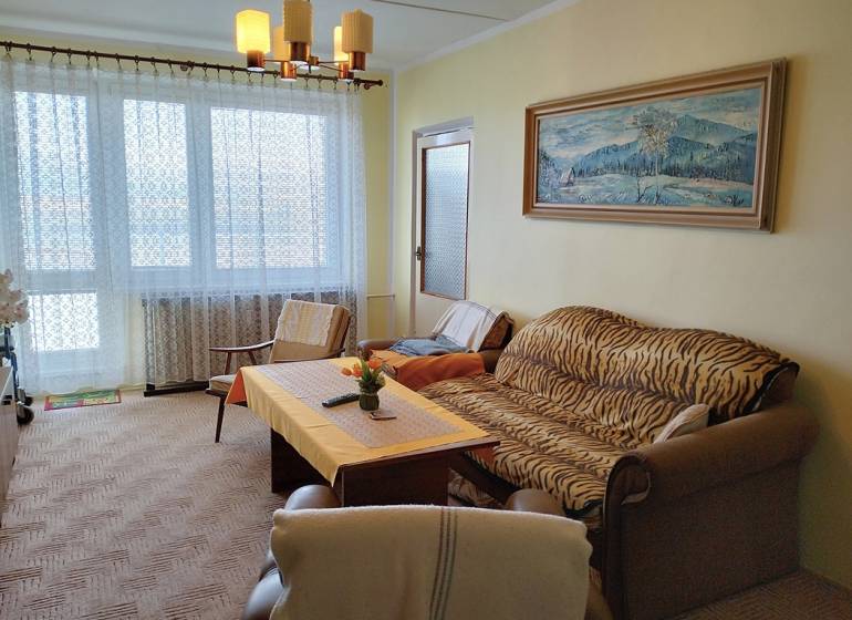 Wohnzimmer mit Sofa, Sessel und Tisch in einer 2-Zimmer-Wohnung mit großem Fenster.