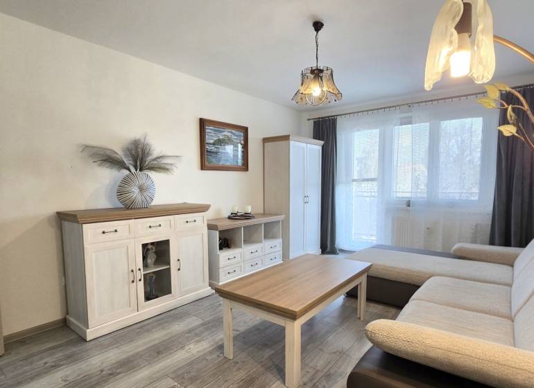 Wohnzimmer in einer 2-Zimmer-Wohnung mit Holzboden, Sofa und weißen Möbeln.