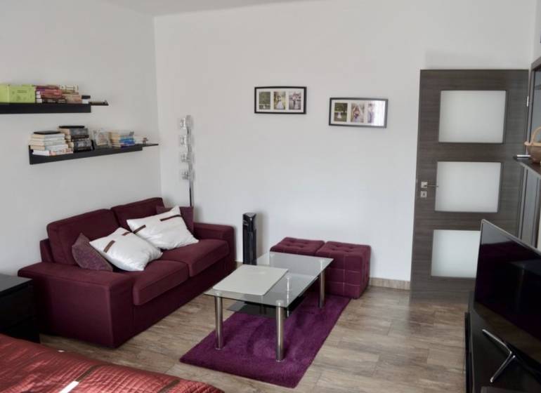 Wohnzimmer mit bordeauxrotem Sofa, Glastisch und Holzboden.