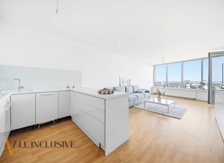 Helle Küche mit Wohnzimmer, Holzboden, Sofa, große Fenster.