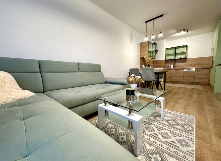 Wohnzimmer in einer 2-Zimmer-Wohnung mit Holzboden und bequemer Couch.