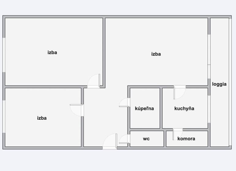 Grundriss einer 3-Zimmer-Wohnung mit Loggia, Küche, Badezimmer und Abstellraum.
