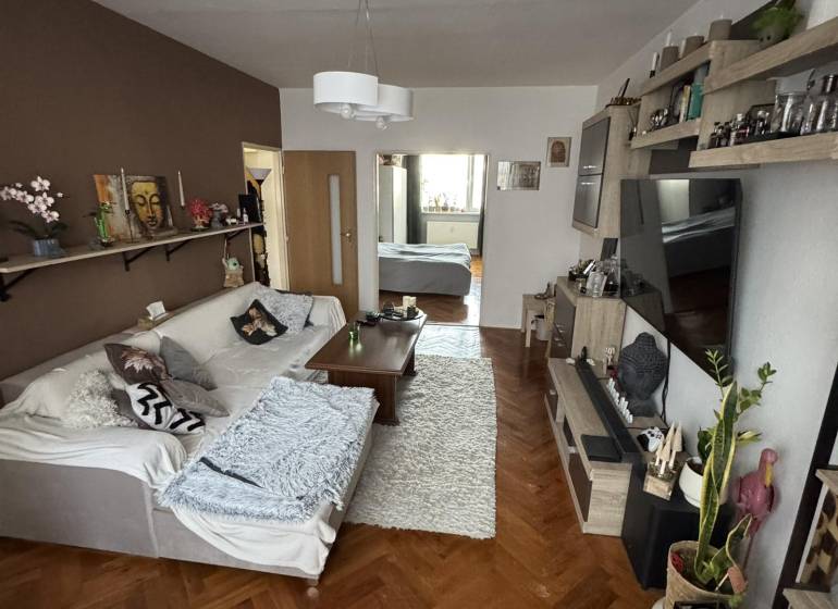 Wohnzimmer mit Sofa, Tisch und Boden in Holzoptik in einer 3-Zimmer-Wohnung.