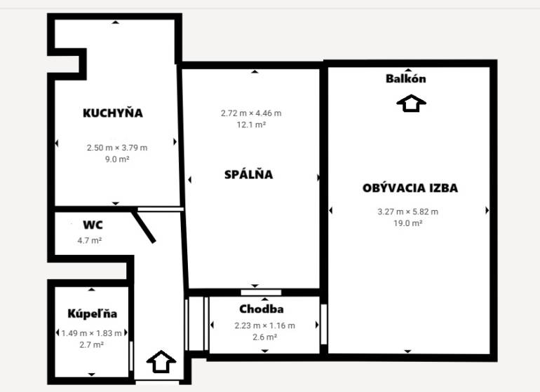 Grundriss einer 2-Zimmer-Wohnung mit Küche, Wohnzimmer und Balkon.
