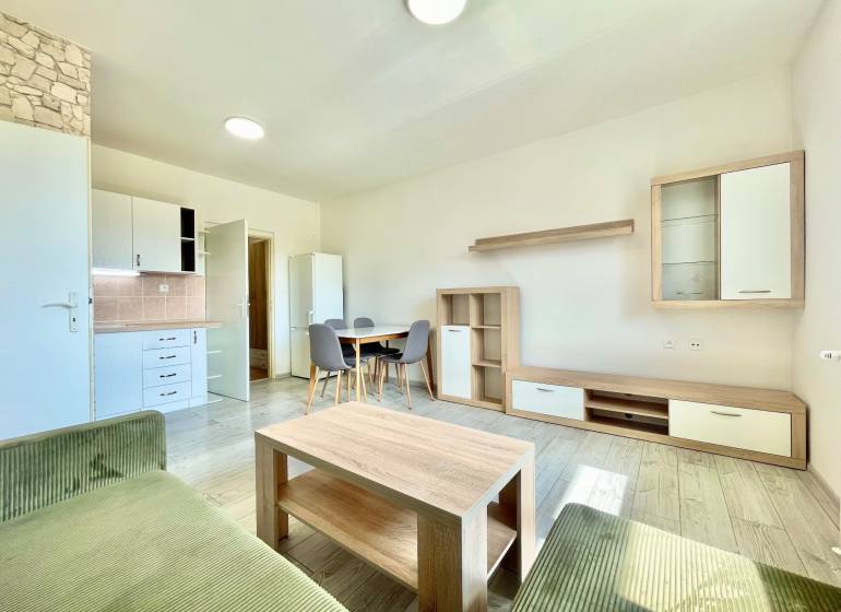 Innenraum einer 2-Zimmer-Wohnung; Ausstattung in der Východná-Straße; Küche, Esstisch, Wohnzimmer.