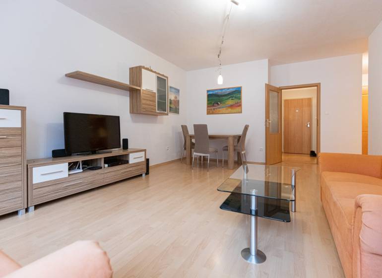 Wohnzimmer in einer 2-Zimmer-Wohnung mit Holzboden und orangefarbenem Sofa.