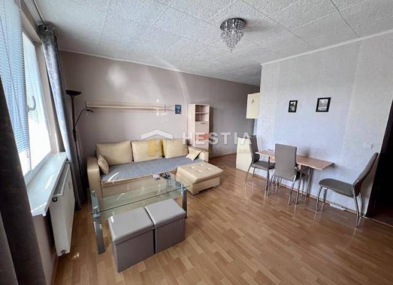 Wohnzimmer in einer 2-Zimmer-Wohnung mit Holzboden.