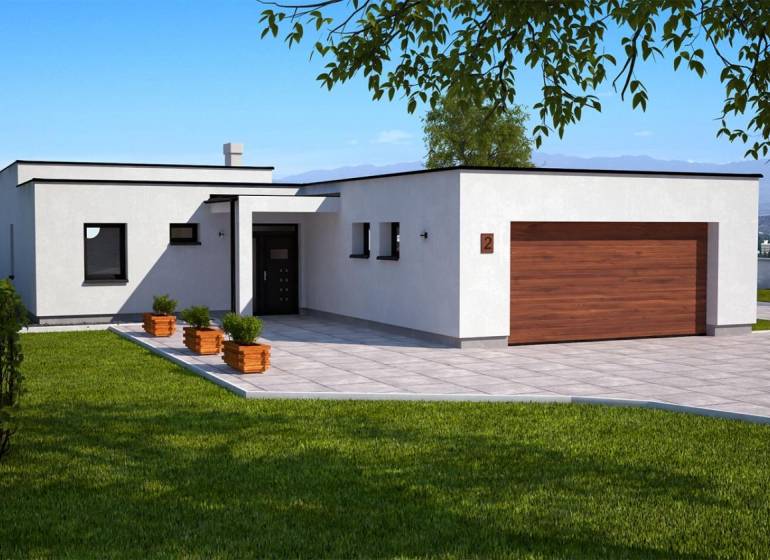 Ein Einfamilienhaus in Dolná Seč mit weißer Fassade, großer Terrasse und grünem Rasen.