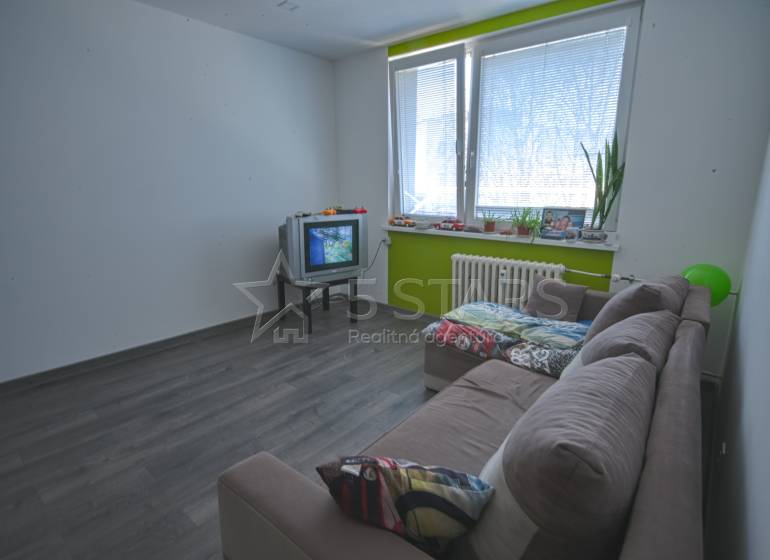 Wohnzimmer in einer Einzimmerwohnung mit Holzboden und einem älteren Fernseher.