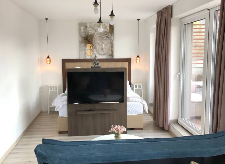 Wohnzimmer in einer Zweizimmerwohnung mit Holzboden und abgetrenntem Schlafbereich.