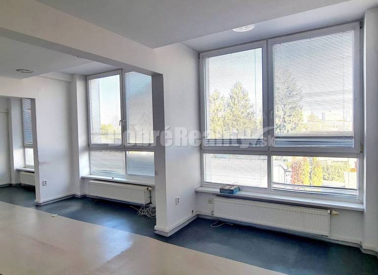 Ein geräumiges Büro mit großen Fenstern und einem Boden in Holzoptik.