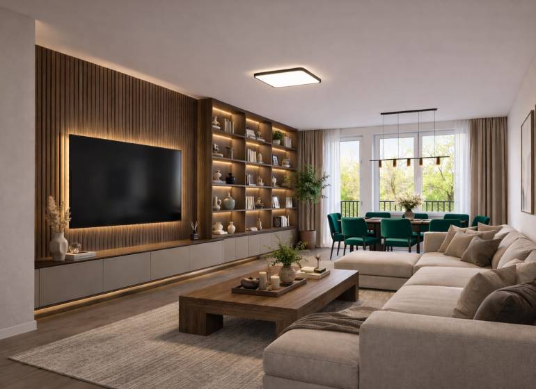 Ein stilvolles Wohnzimmer mit einem Sofa, einem Holzboden und einem großen Fernseher in einer 3-Zimmer-Wohnung.