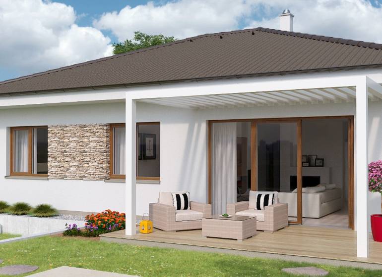 Einfamilienhaus in der Jelšová-Straße in Bernolákovo mit Terrasse und Gartensitzbereich.