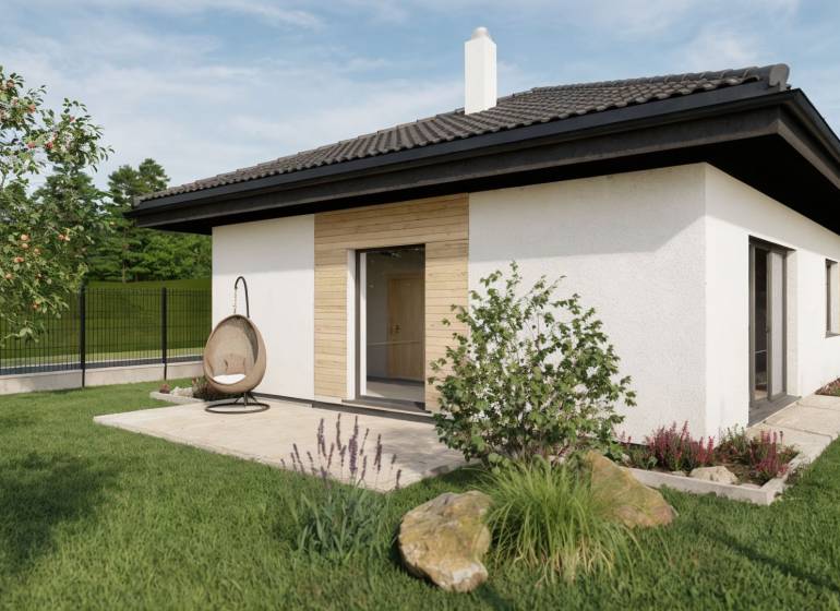 Einfamilienhaus in der Kostolná in Drahovce mit Terrasse und einem Garten voller Grün.