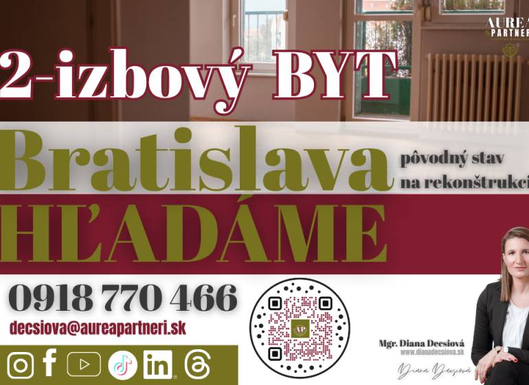 Hľadanie 2-izbového bytu v Bratislave na rekonštrukciu, kontakt a QR kód.

Suche nach einer 2-Zimmer-Wohnung in Bratislava zur Renovierung, Kontakt und QR-Code.