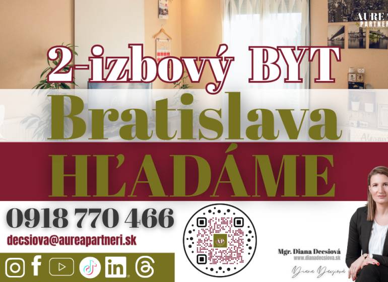Gesucht wird eine 2-Zimmer-Wohnung in Bratislava Podunajské Biskupice, inklusive Kontaktdaten.
