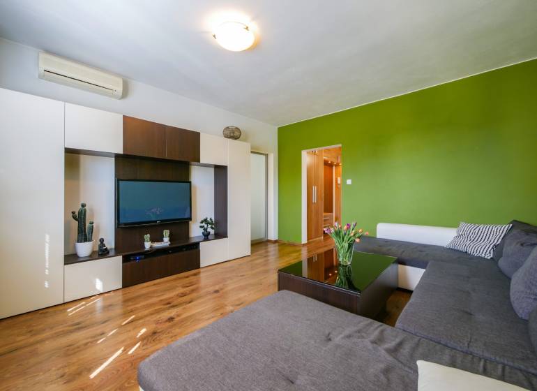 Wohnzimmer in einer 3-Zimmer-Wohnung mit Holzboden und grüner Wand.