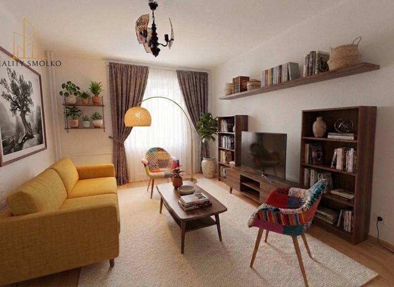 Ein stilvolles Wohnzimmer in einer Zweizimmerwohnung mit einem bequemen Sofa und Holzregalen.