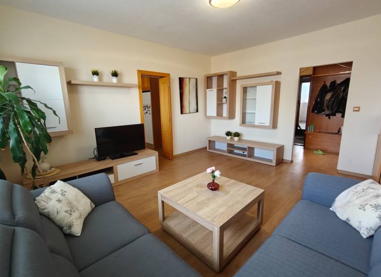 Helles Wohnzimmer mit Sofa und Holzboden in einer 3-Zimmer-Wohnung.