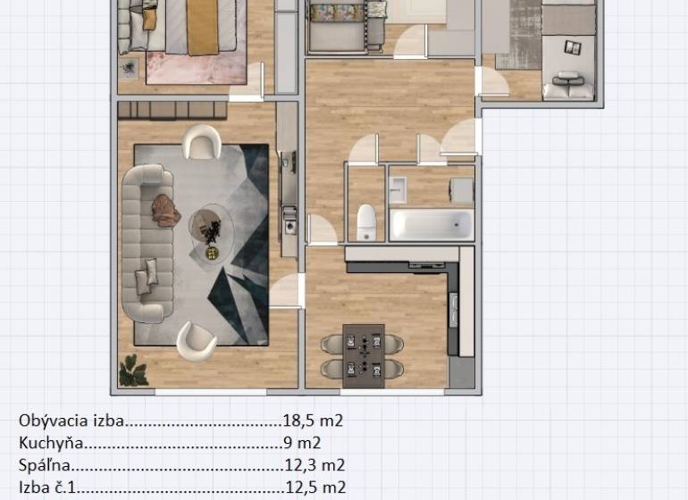 Grundriss einer 4-Zimmer-Wohnung mit Holzboden, helle Zimmer, Badezimmer, Küche.