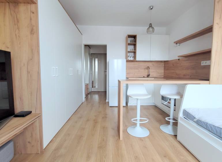 Einzimmerwohnung mit Kochnische, Bartresen und Boden mit Holzdekor.
