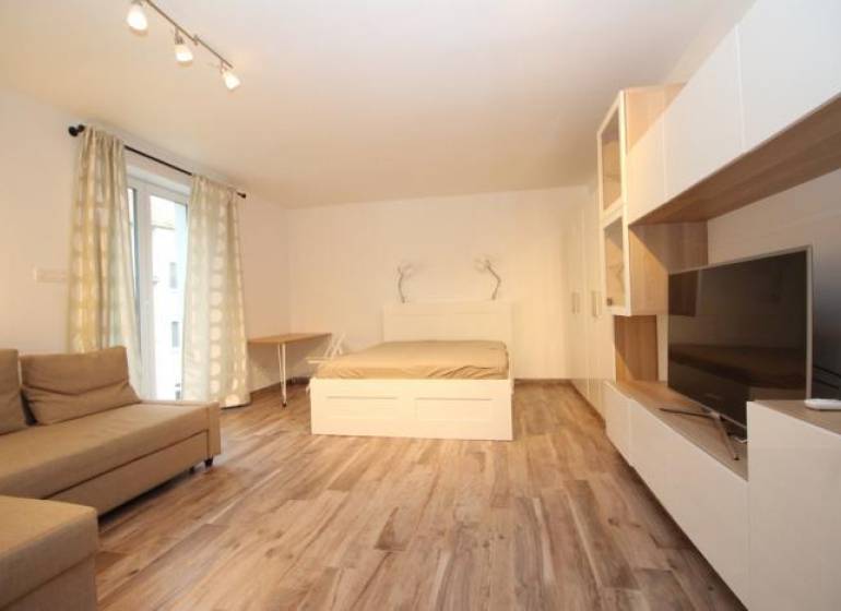 Wohnbereich in einer Einzimmerwohnung mit Bett und Boden in Holzoptik.