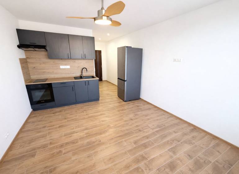 Einzimmerwohnung mit Küchenzeile und Boden in Holzoptik, Kühlschrank.