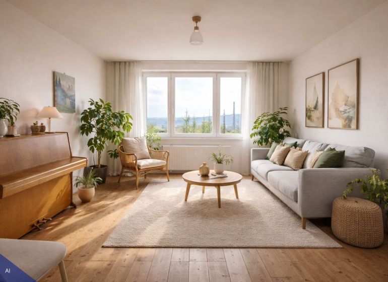 Wohnzimmer in einer 4-Zimmer-Wohnung mit Klavier und Holzboden.