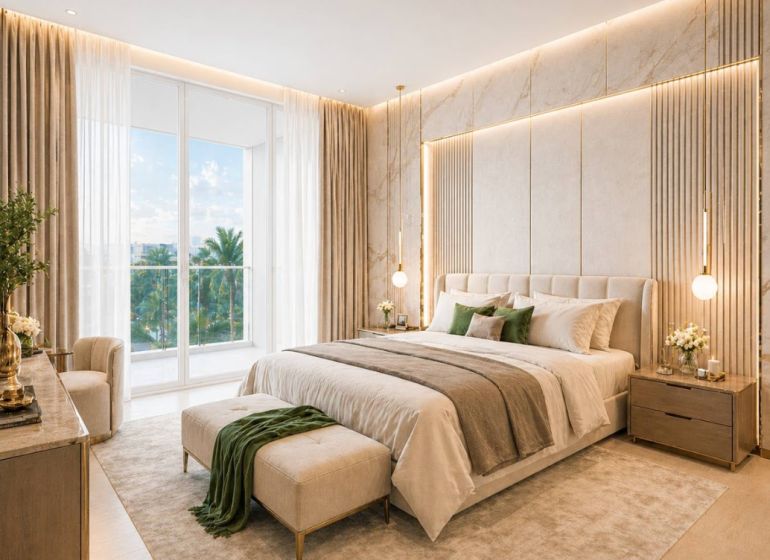 Elegantes Schlafzimmer mit Balkon und Holzboden in einer 2-Zimmer-Wohnung.