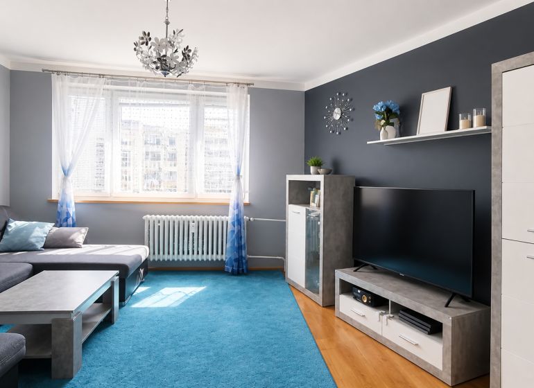Wohnzimmer in einer 3-Zimmer-Wohnung mit Holzboden und blauem Teppich.