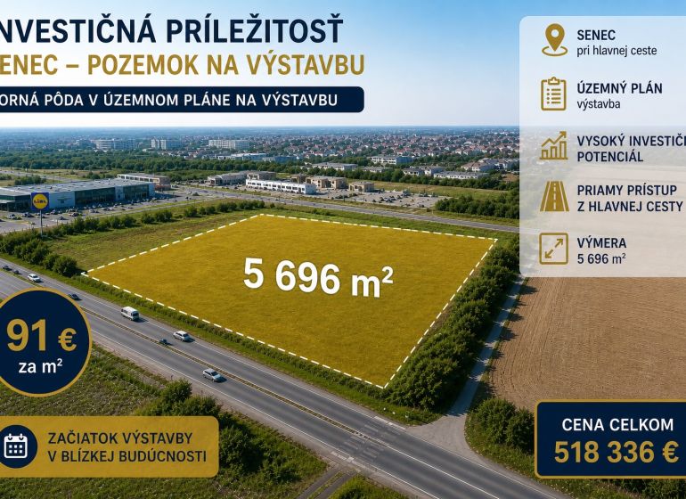 Baugrundstück in Senec mit einer Fläche von 5.696 m², geeignet für den Bau.