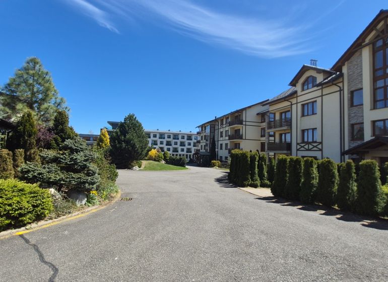 Das Grün in der Umgebung der Ferienapartments in Stará Lesná in der Hohen Tatra unter blauem Himmel.