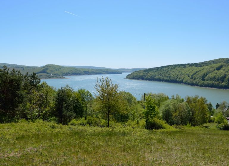 Blick von den Erholungsgrundstücken in Nová Kelča auf den von Wäldern umgebenen See.