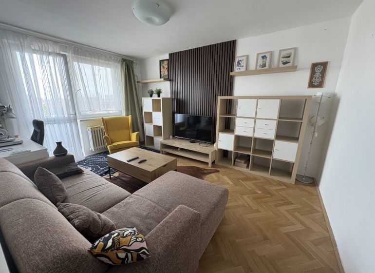 Wohnzimmer in einer 2-Zimmer-Wohnung mit einem bequemen Sofa und einem Boden in Holzoptik.