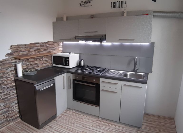 Küche in einer 2-Zimmer-Wohnung mit Holzboden und Steinwand.