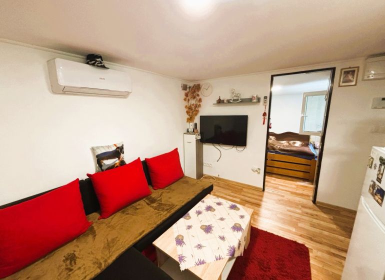Wohnzimmer mit Sofa, roten Kissen, Fernseher und Holzboden.