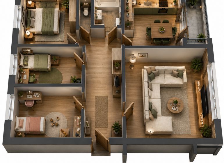 Visualisierung einer 4-Zimmer-Wohnung mit Holzboden und moderner Einrichtung.