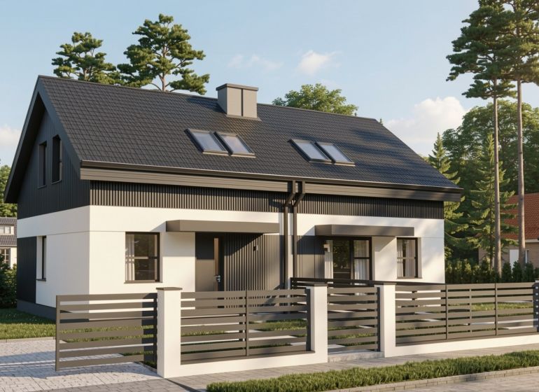 Ein Einfamilienhaus in Sasinkovo in der Straße Sasinkovo, umgeben von Bäumen und einem modernen Zaun.