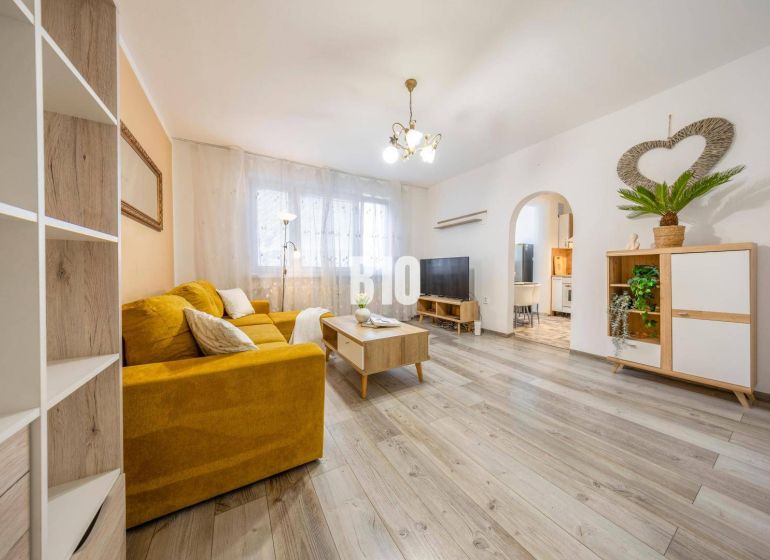 Wohnzimmer in einer Zweizimmerwohnung mit gelbem Sofa und Holzboden.