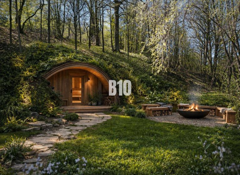 Erdhaus mit Sauna und Außenbereich mit Feuerstelle auf einem Grundstück in Banská Štiavnica.