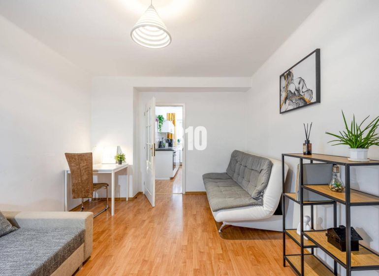 Wohnzimmer in einer Zweizimmerwohnung mit Holzboden und einfacher Einrichtung.