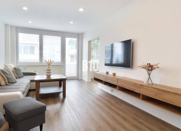 Wohnzimmer in einer 3-Zimmer-Wohnung mit Holzboden und Sofa.