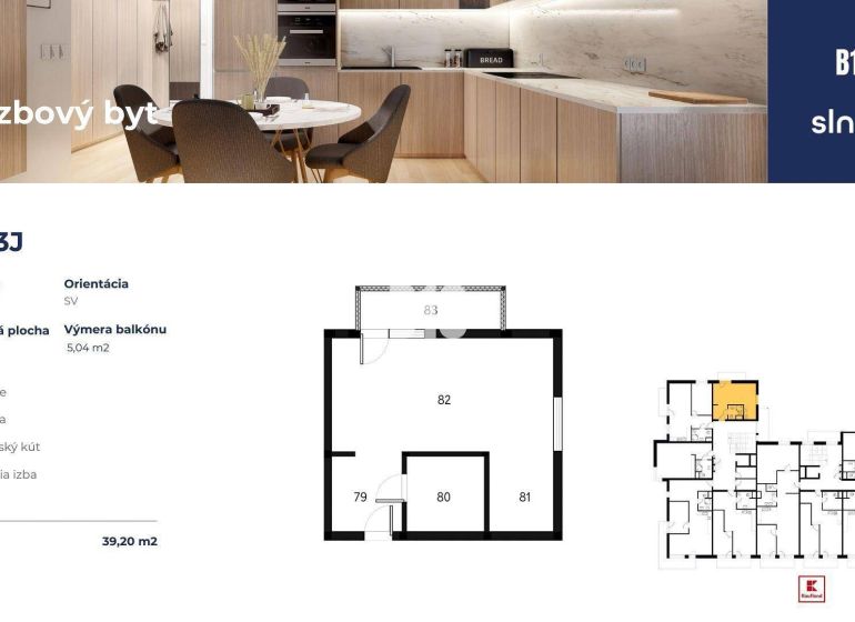 1-Zimmer-Wohnung mit Badezimmer, Kochnische, Wohnzimmer und Balkon, Gesamtfläche 39,20 m².