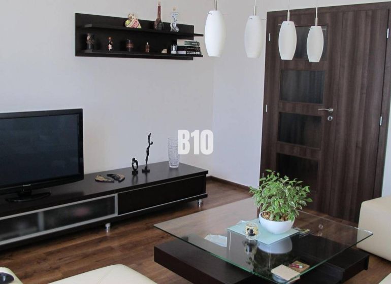 Wohnzimmer mit Fernseher, Regalen, Tisch und Holzboden in einer Vierzimmerwohnung.