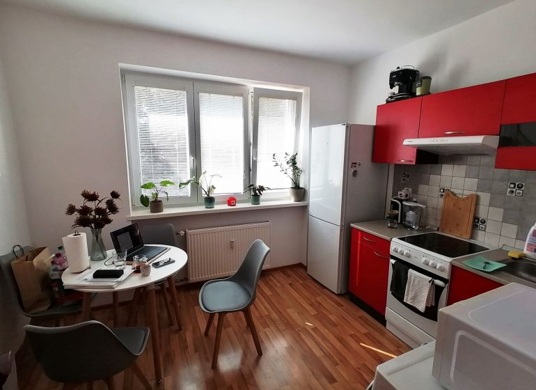 Küche in einer Einzimmerwohnung mit Holzboden und roter Küchenzeile.