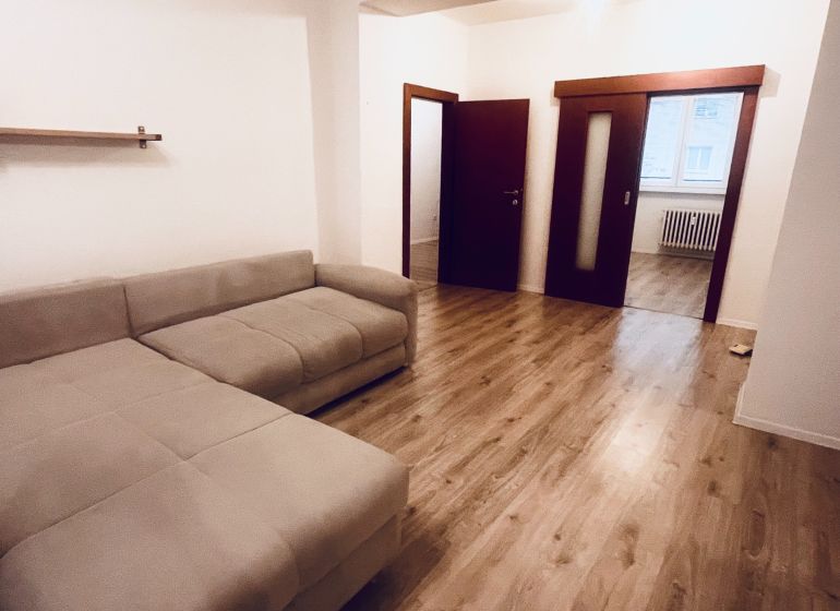 Wohnzimmer mit bequemer Couch und Holzboden in einer 3-Zimmer-Wohnung.